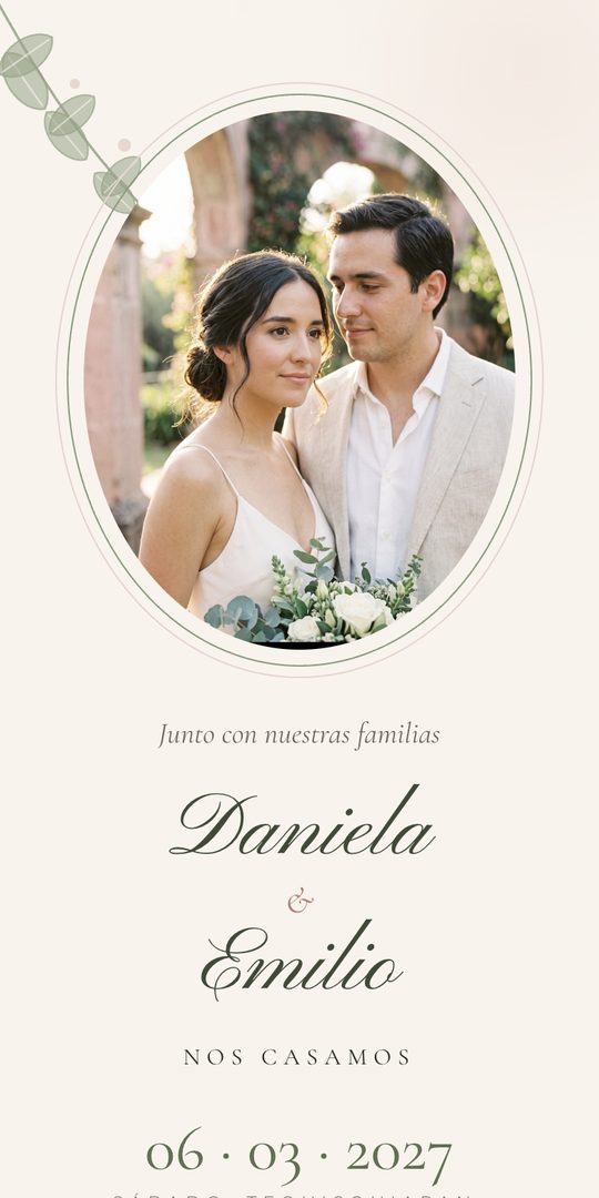 Invitación de boda de Daniela y Emilio en un teléfono: retrato en óvalo con eucalipto