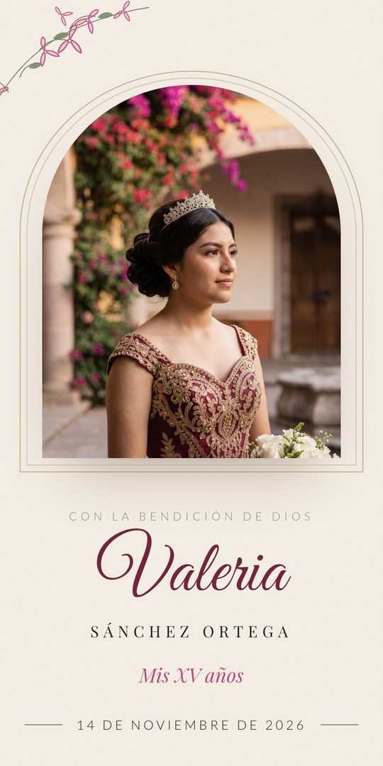Invitación de XV años de Valeria en un teléfono: retrato en arco con buganvilias