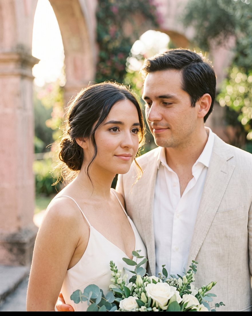 Daniela y Emilio, ella con vestido de novia marfil y ramo de eucalipto, él con traje de lino beige, en un jardín de cantera