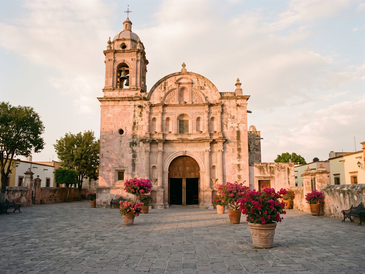 Fachada de cantera rosa de la parroquia