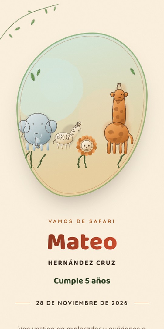 Invitación de cumpleaños de Mateo en un teléfono: escena de safari en acuarela con elefante y jirafa